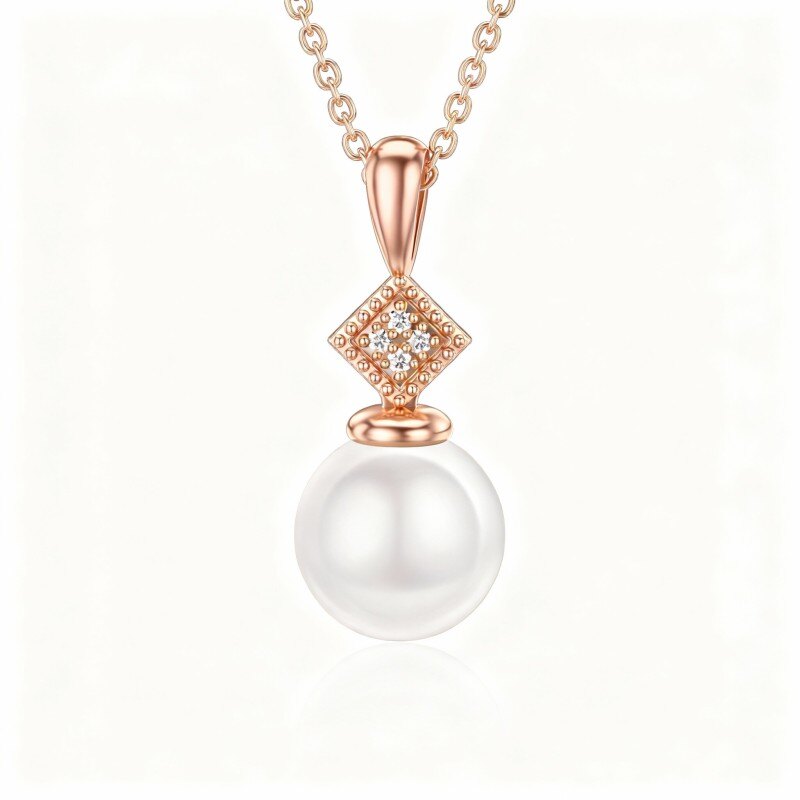 10K Rose Gold Moissanite & Pearl Round Pendant Necklace-1