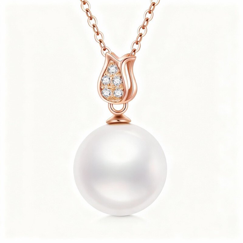 18K Rose Gold Moissanite & Pearl Round Pendant Necklace-1