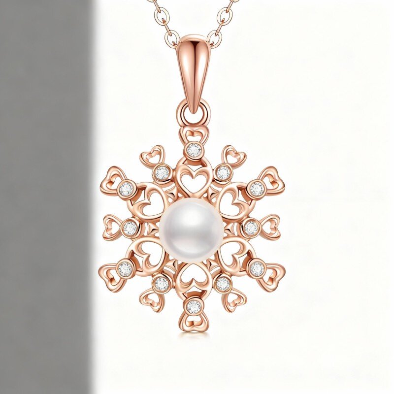 14K Rose Gold Moissanite & Pearl Snowflake Pendant Necklace-1