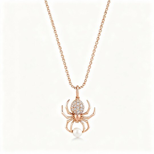 قلادة عنكبوت من الذهب الوردي عيار 10 قيراط مرصعة بالمواسانيت واللؤلؤ