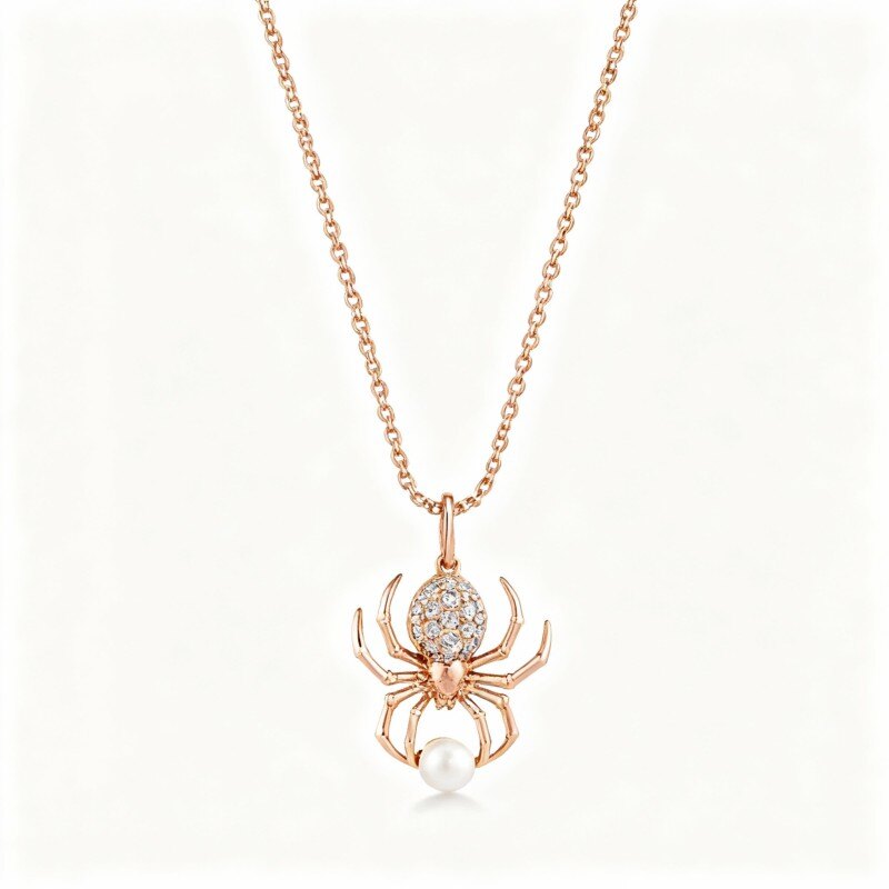 Naszyjnik z wisiorkiem pająk z 18-karatowego różowego złota z moissanitem i perłą-1