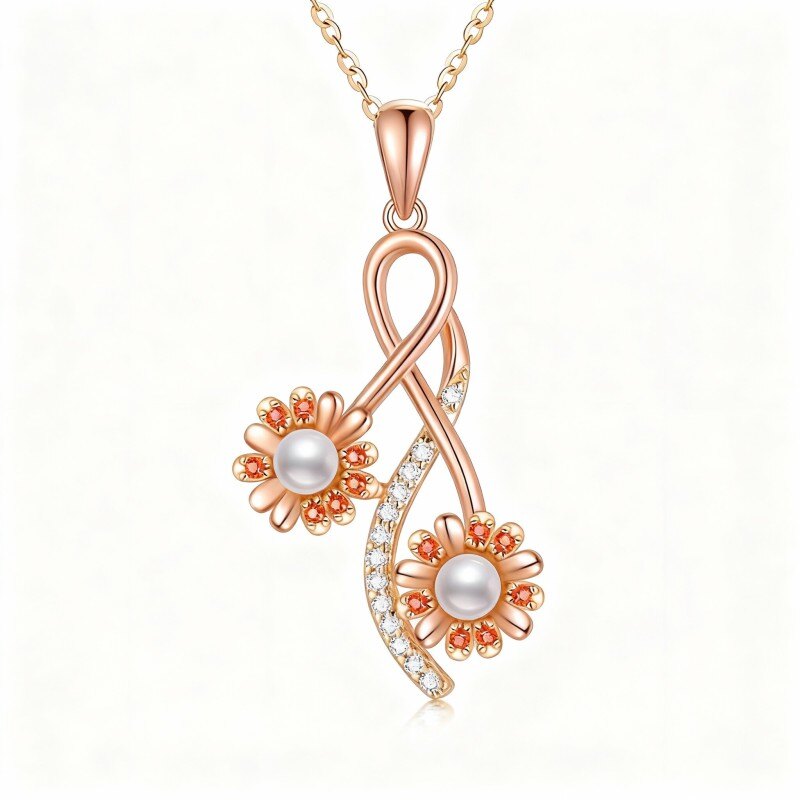 Naszyjnik z wisiorkiem słonecznikowym z 14-karatowego różowego złota z moissanitem i perłą-1