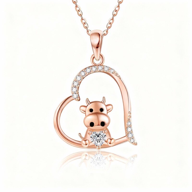 14K Rose Gold Cubic Zirconia & Moissanite & Personalized Birthstone Cow & Heart Pendant Necklace-1