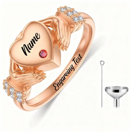 Anillo de oro rosa de 10 quilates con moissanita, piedra natal personalizada, grabado personalizado, diseño Claddagh y urna en forma de corazón para cenizas de hombre