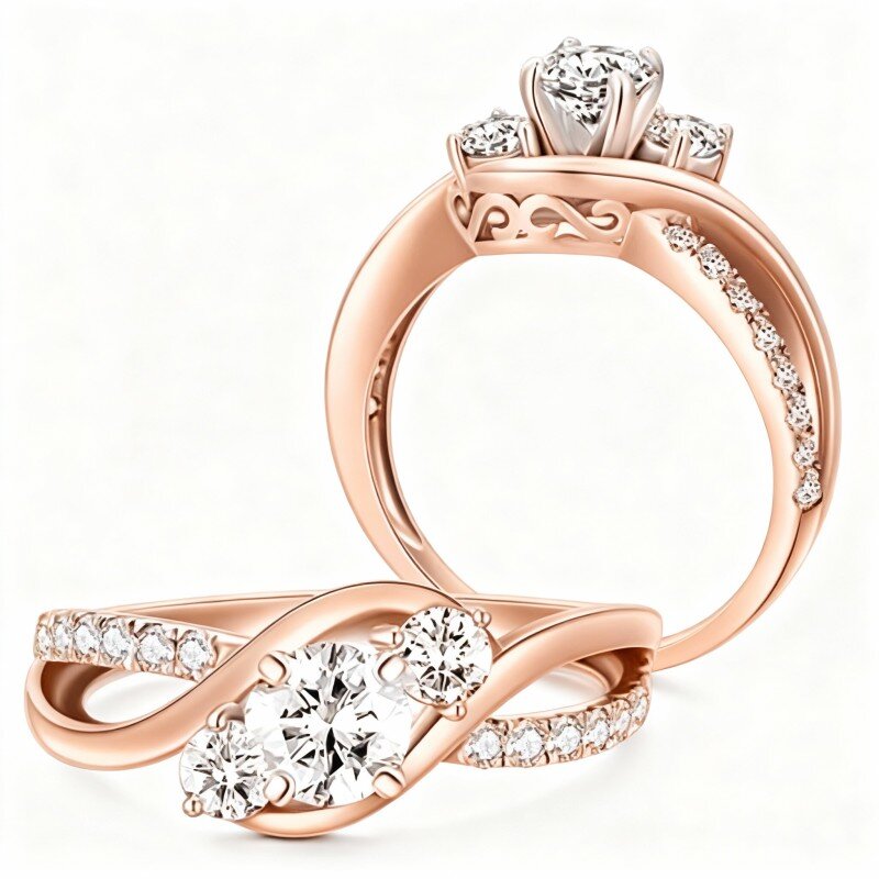 Anello di fidanzamento di coppia e incisione personalizzata in oro rosa 18 carati con moissanite-1