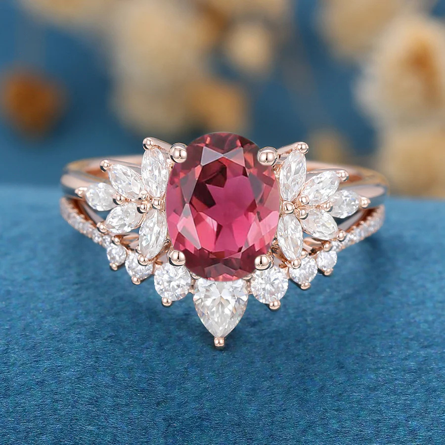 Anel de noivado de casal e gravação personalizada em ouro rosa 18K Moissanite-2