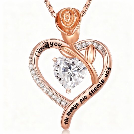 Collier pendentif rose et cœur en or rose 10 carats, zircon cubique et moissanite, avec gravure personnalisée