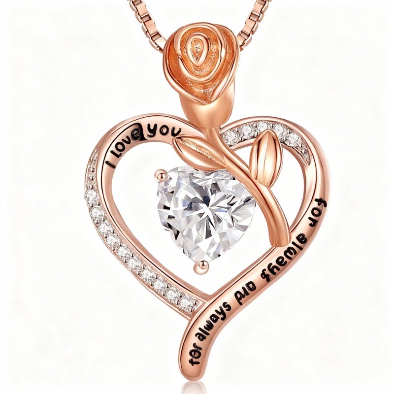 Halskette aus 10-karätigem Roségold mit Zirkonia, Moissanit und personalisierter Gravur: Rosen- und Herzanhänger-1
