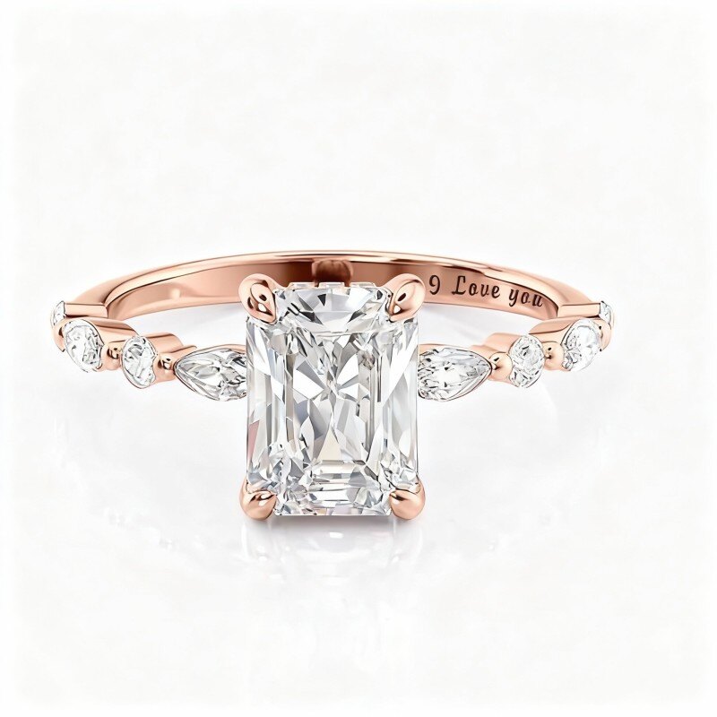 Anillo de oro rosa de 14 quilates con moissanita y grabado personalizado-1