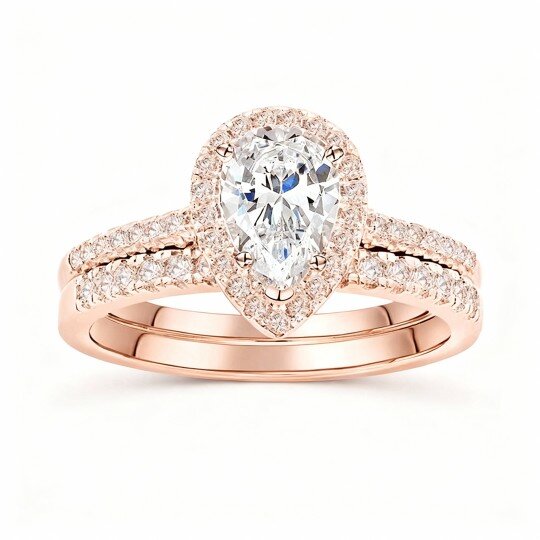 Aliança de casamento personalizada com gravação em ouro rosa 10K e moissanita