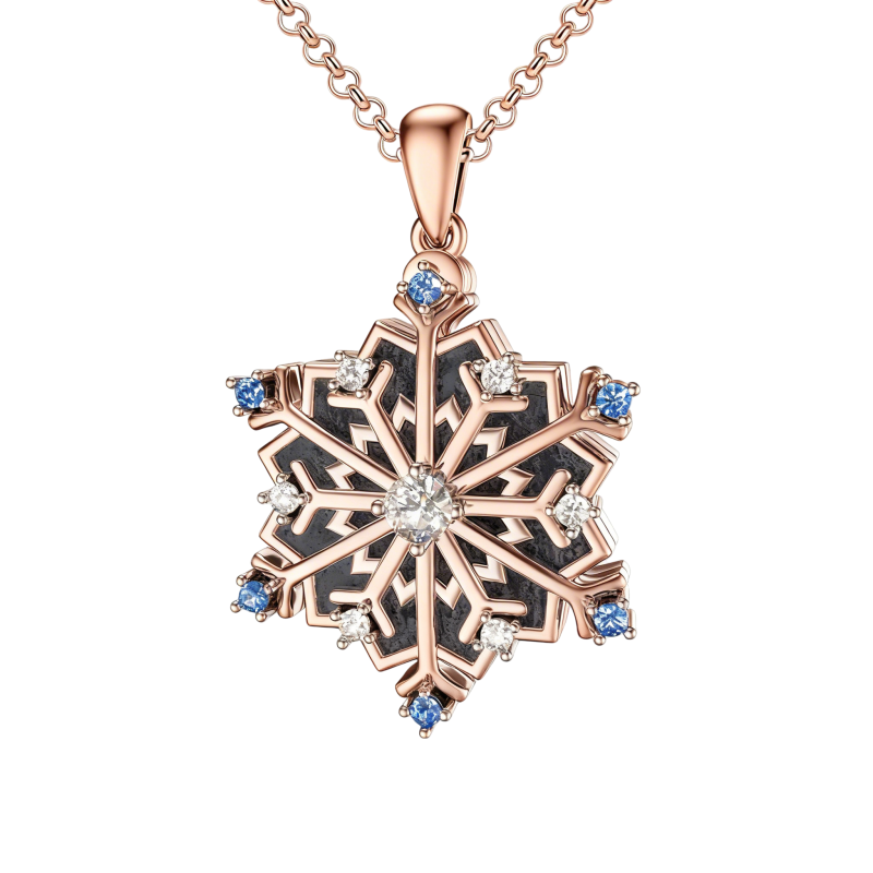 Collar con medallón personalizado de oro rosa de 10 quilates con moissanita y copo de nieve.-1