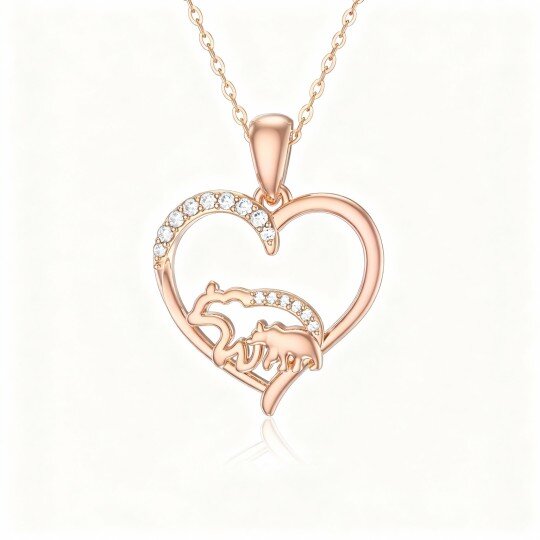 Halskette aus 10-karätigem Roségold mit Moissanit-Anhänger: Eisbär und Herz