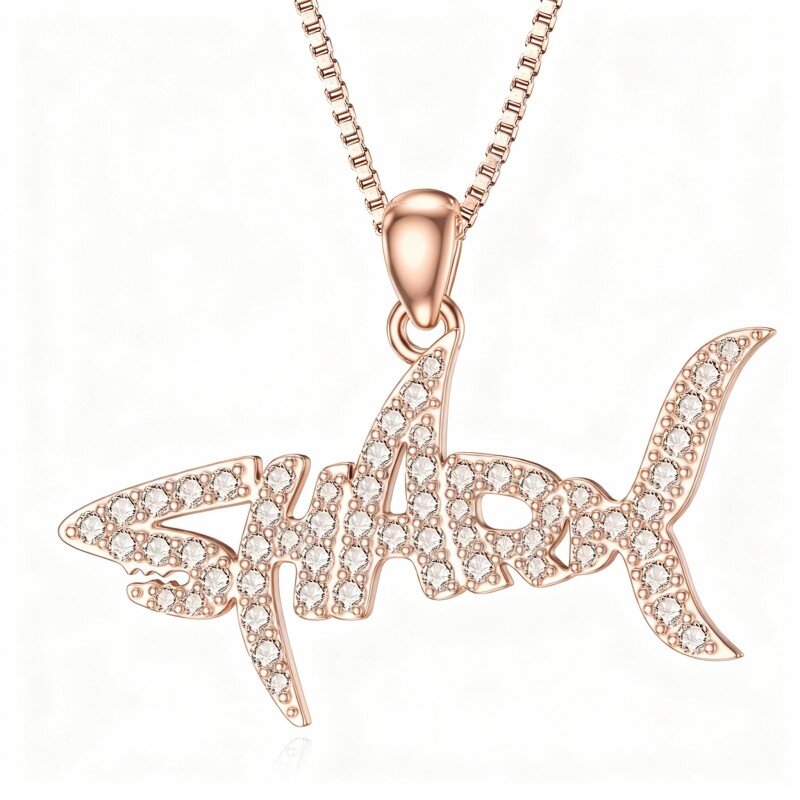 Colar com pendente de tubarão em moissanita e ouro rosa 9K-19