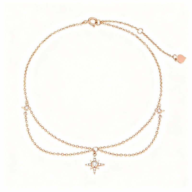 Tornozeleira com pendente estrela multicamada em ouro rosa 14K com zircónias cúbicas e moissanita-1