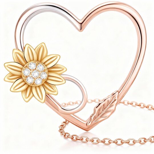 Colar com pendente girassol e coração em moissanita em ouro rosa 10K