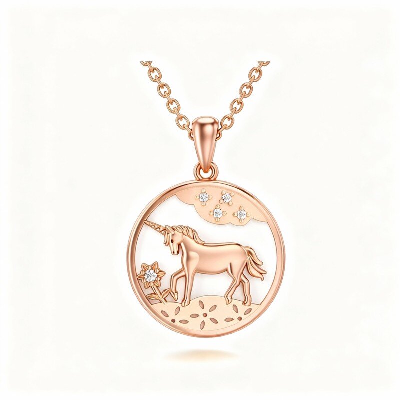 Collana con ciondolo in oro rosa 10K con moissanite, girasole e unicorno-1