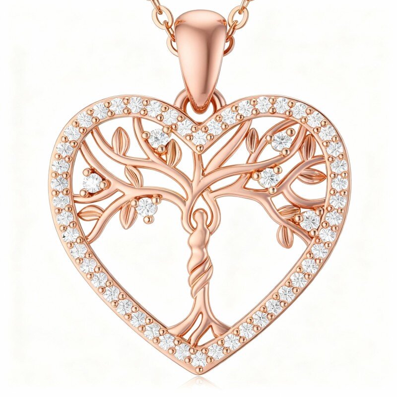 قلادة من الذهب الوردي عيار 18 قيراطًا مرصعة بأحجار الموزانيت على شكل شجرة الحياة والقلب-1