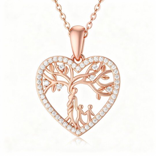 Collier pendentif Arbre de Vie, Mère et Cœur en or rose 10 carats et moissanite