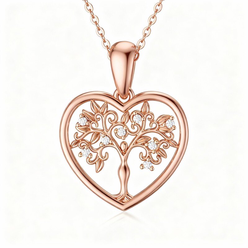 Halskette mit Anhänger „Baum des Lebens“ aus 10-karätigem Roségold mit Moissanit.-1