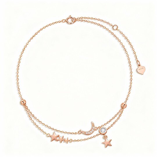10Kローズゴールド キュービックジルコニア ムーン マルチレイヤー チャーム アンクレット