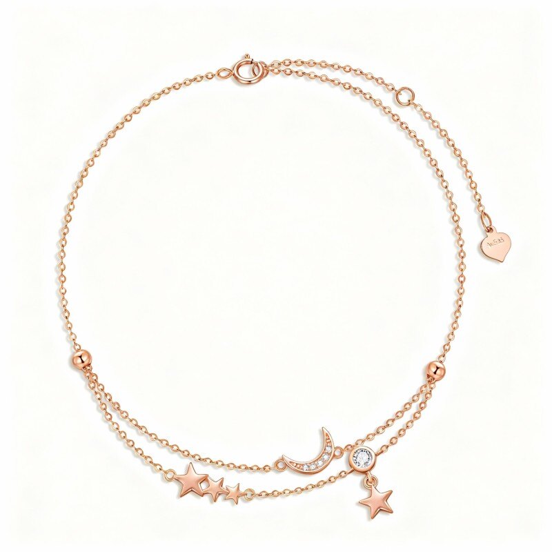 Fußkettchen aus 10-karätigem Roségold mit Zirkonia-Mondanhänger und mehreren Lagen-20