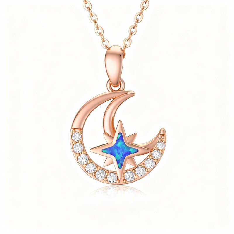 قلادة قمرية من الذهب الوردي عيار 14 قيراطًا مرصعة بالزركونيا المكعبة-1