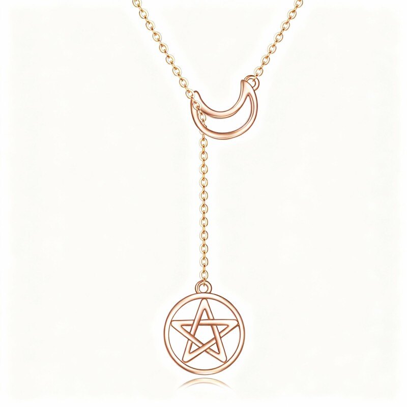 Verstellbare Y-Halskette aus 14-karätigem Roségold mit Mond- und Pentagramm-Motiv.-1