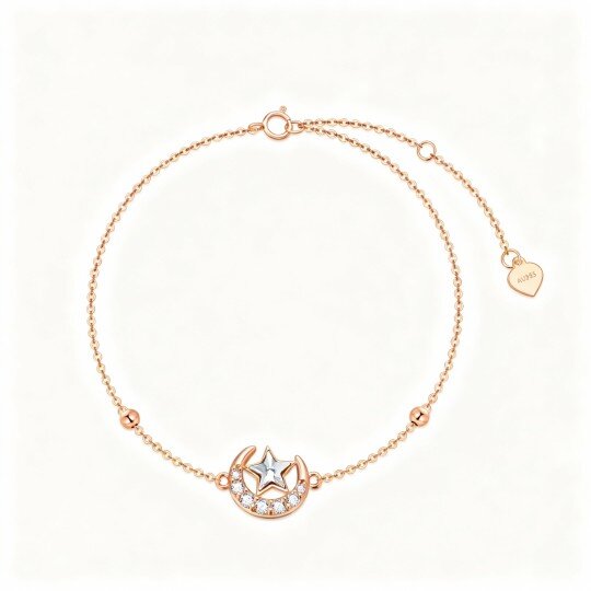 10K Rose Gold Cubic Zirconia Moon & Star Charm Bracelet