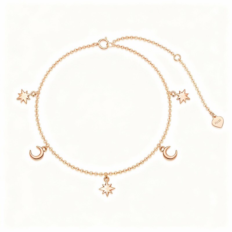 Tobillera de oro rosa de 10 quilates con dije de luna y estrella de una sola capa-1