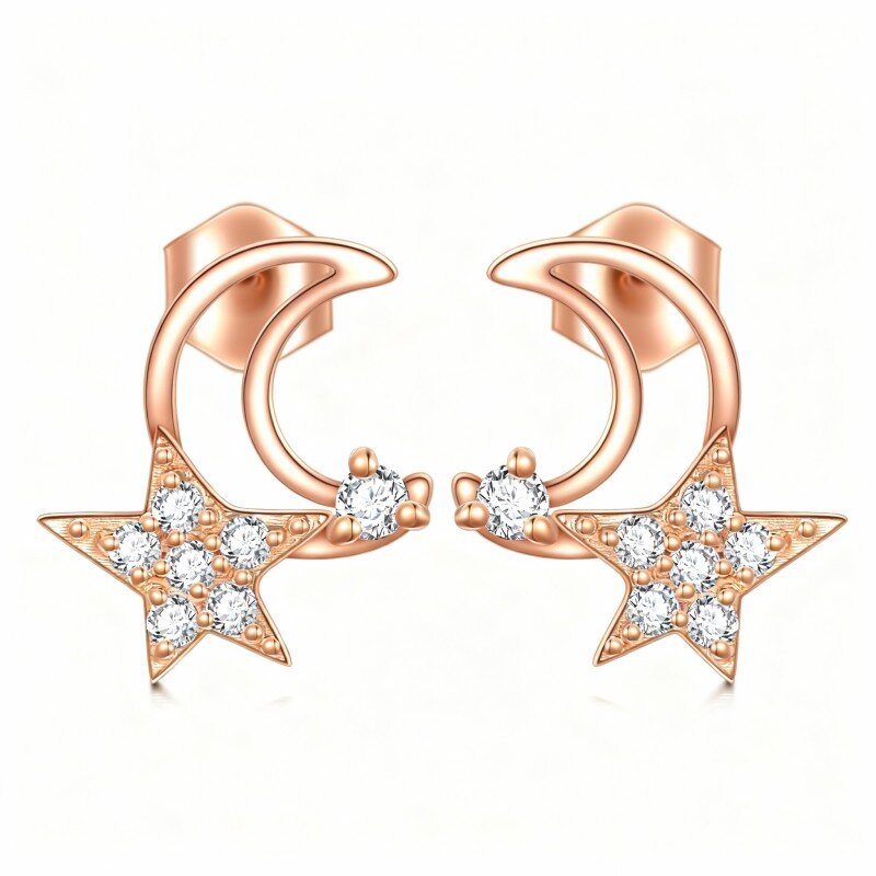 أقراط من الذهب الوردي عيار 14 قيراطًا مرصعة بالزركونيا المكعبة على شكل قمر ونجمة-1