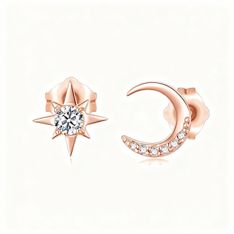 Boucles d'oreilles puces en or rose 14 carats avec zircon cubique en forme de lune et d'étoile-1