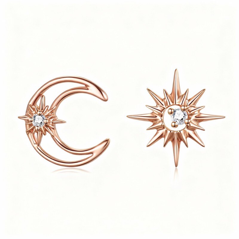 Boucles d'oreilles puces en or rose 10 carats avec zircon cubique en forme de lune et d'étoile-1