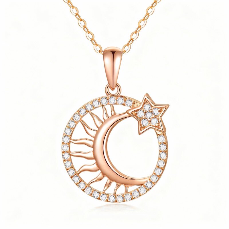 Colar com pendente de lua e sol em ouro rosa 18K com zircónias cúbicas-1