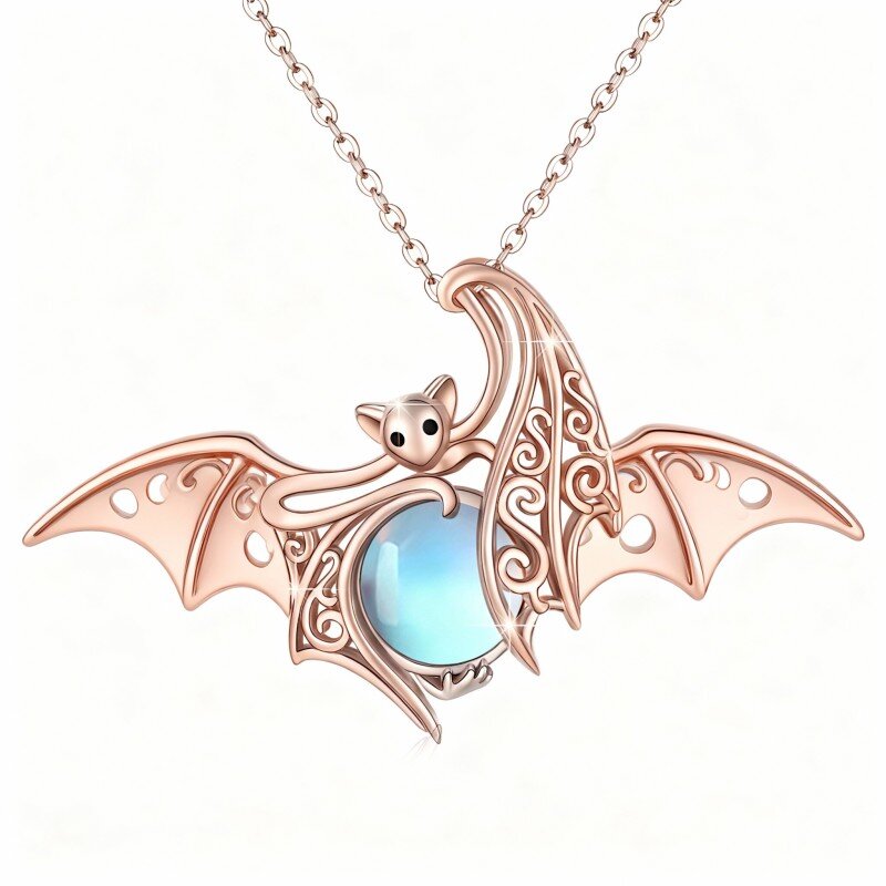 Colar com pendente de morcego em pedra da lua e ouro rosa 10K-13