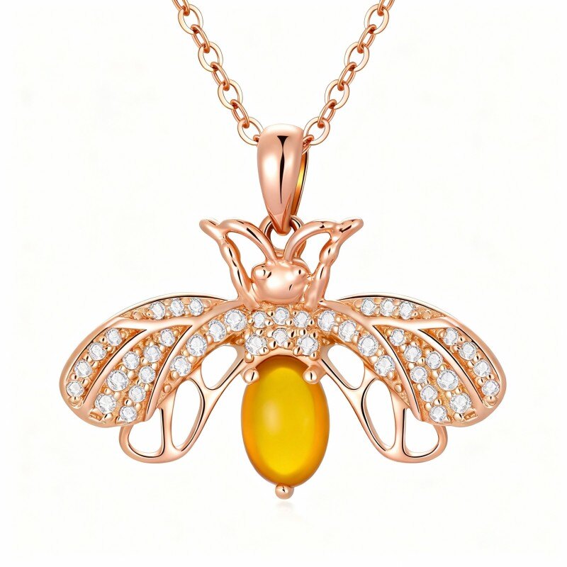 Collier pendentif abeille en or rose 18 carats, zircon cubique et pierre de lune-1
