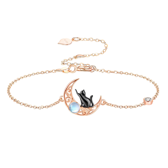 Bracelet à breloques chat et lune en or rose 10 carats avec pierre de lune