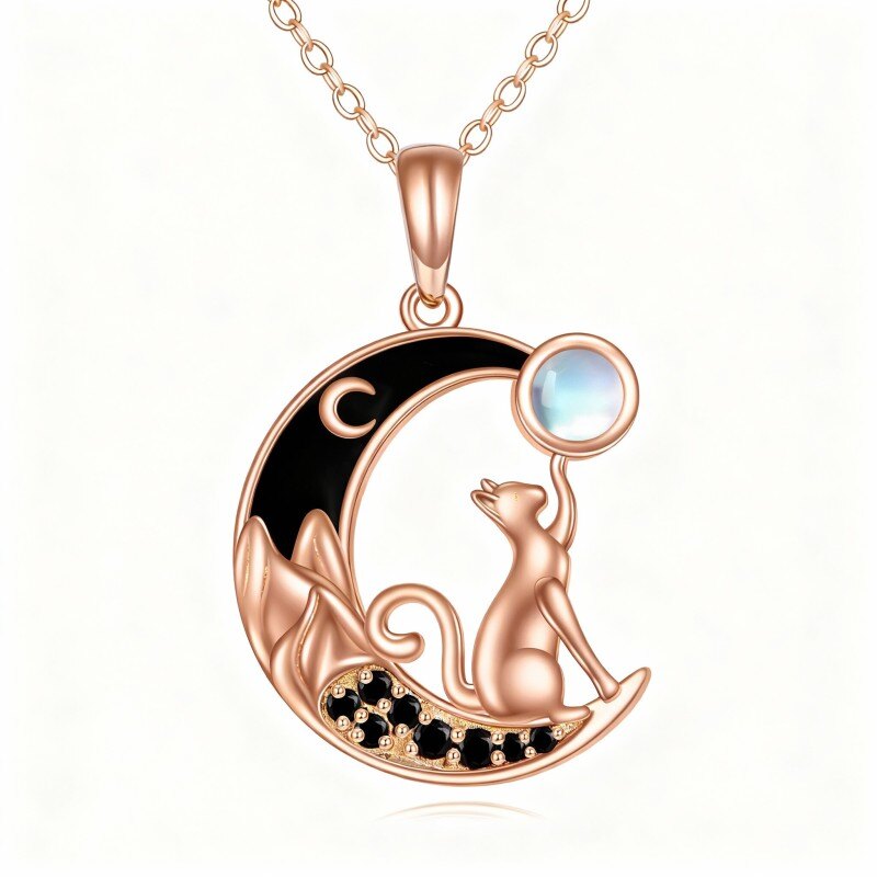 Collar con colgante de gato y luna en oro rosa de 10 quilates con circonitas cúbicas y piedra lunar-1
