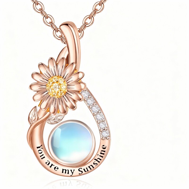 Colar com pendente de margarida em ouro rosa 14K com zircónias cúbicas e pedra da lua-1