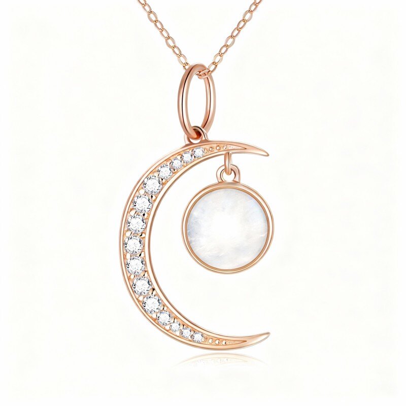14K Rose Gold Moonstone Moon Pendant Necklace-1