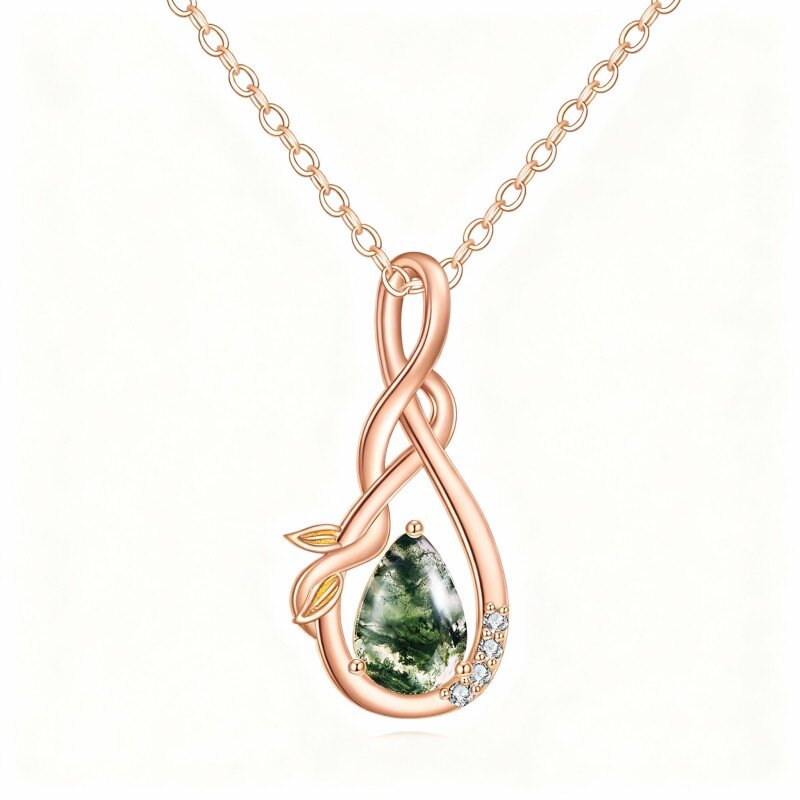 14K Rose Gold Cubic Zirconia & Moss Agate Leaves & Infinity Symbol Pendant Necklace-1