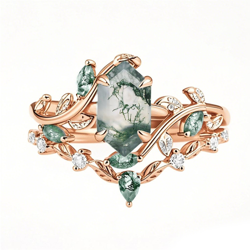 10K różowe złoto z agatem mchu Moissanite Bridal Set Art Deco pierścionek zaręczynowy na rocznicę zaręczyn-3