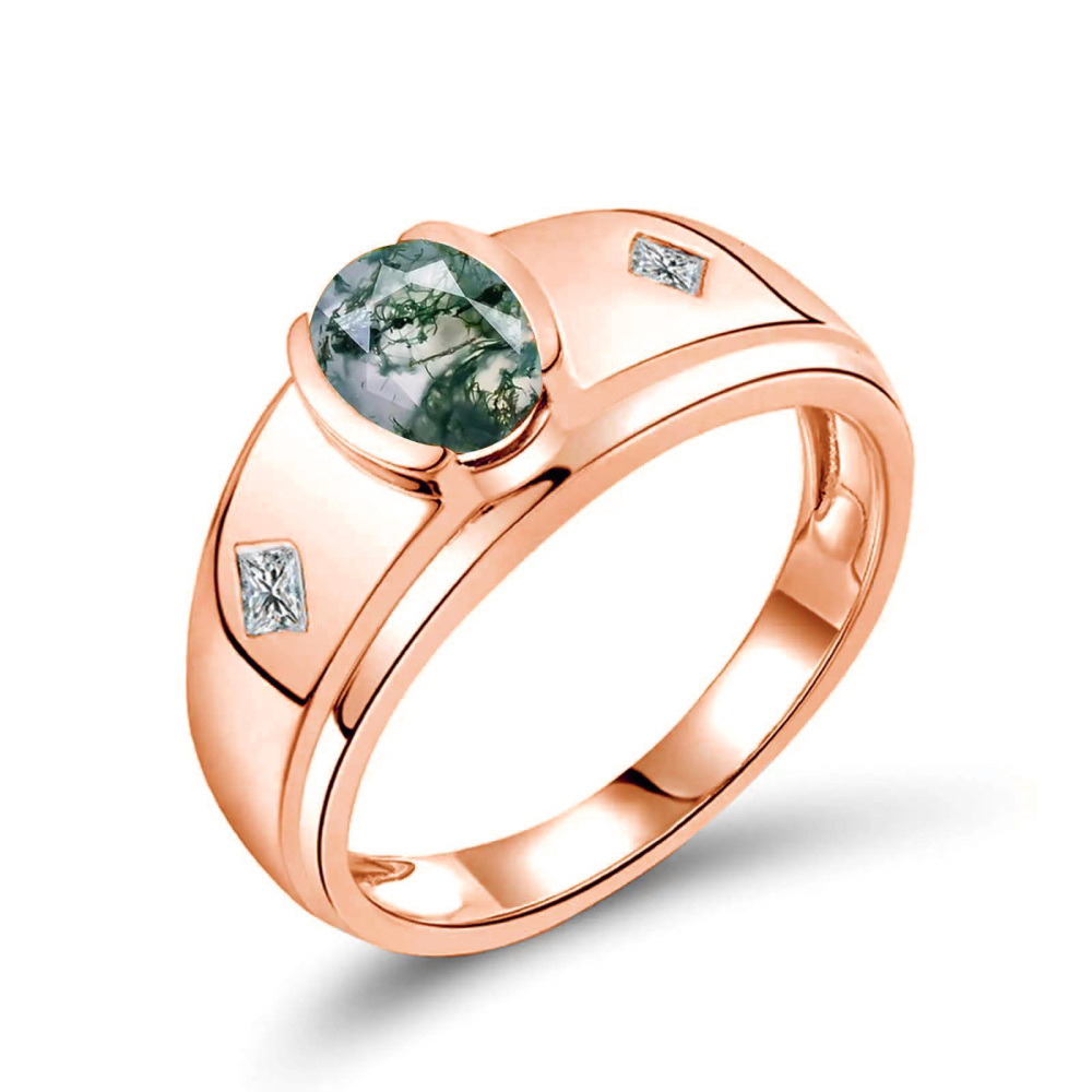 18K Rose Gold Moss Agate With Moissanite Ring-1