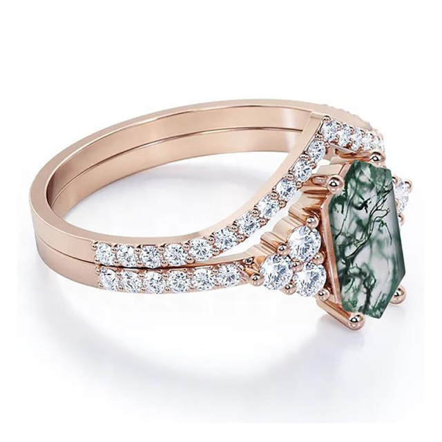 18K Rose Gold Moss Agate With Moissanite Ring-2