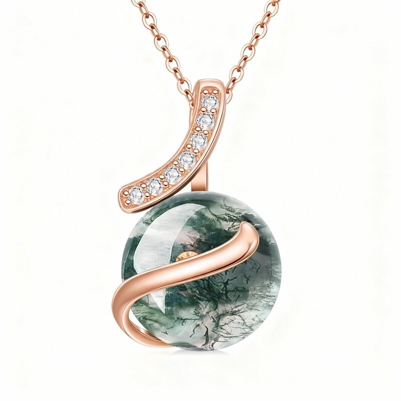 10K Rose Gold Moss Agate Round Pendant Necklace-6