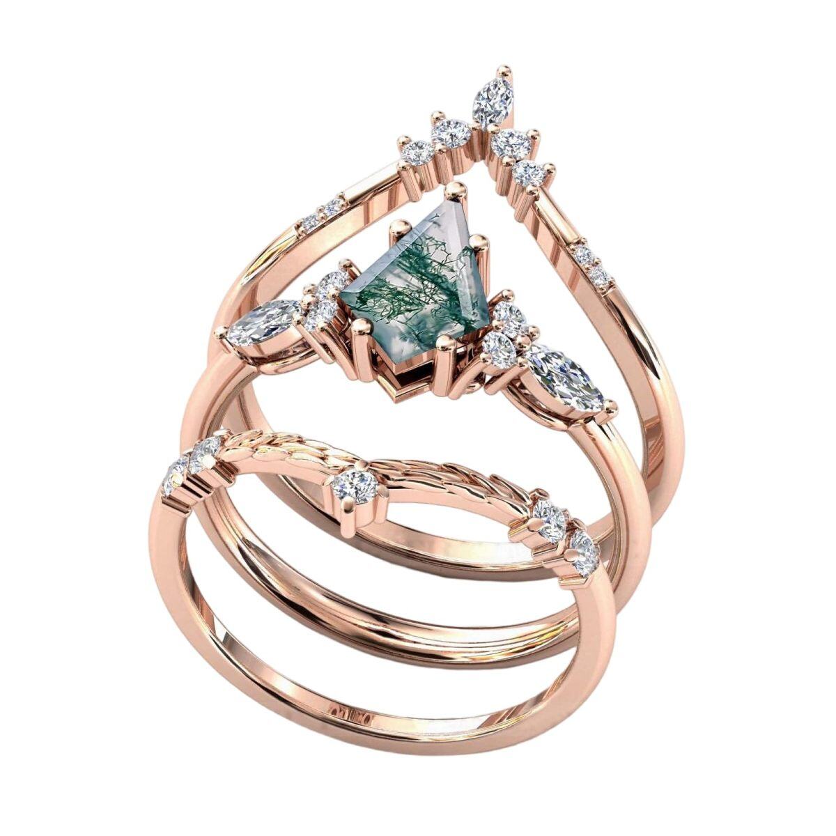 10K Rose Gold Moss Agate Stackable Ring-4