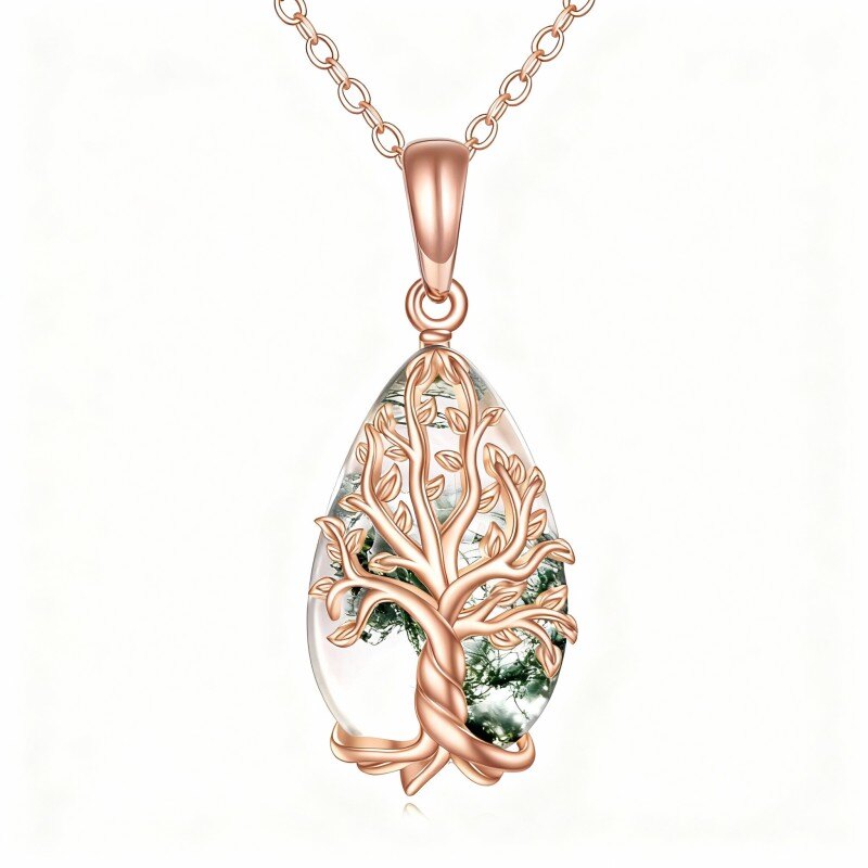 Collar con colgante del Árbol de la Vida en oro rosa de 10 quilates y ágata musgosa-12