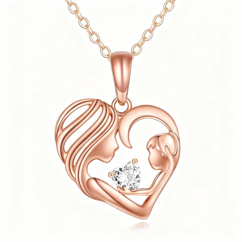 10K Rose Gold Cubic Zirconia Mother & Daughter & Heart Pendant Necklace-1