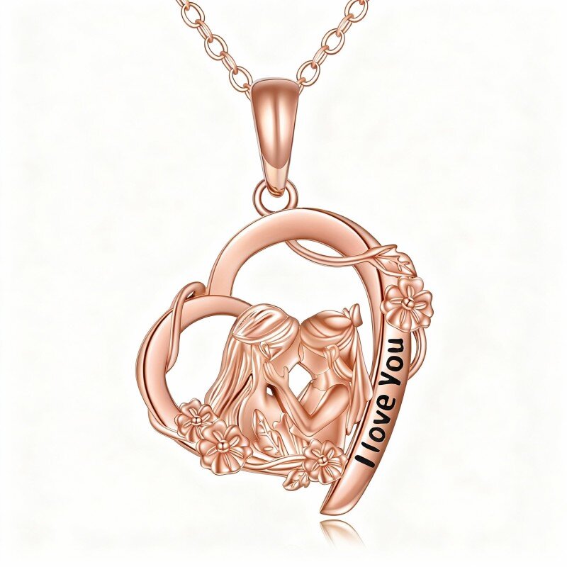 18K Rose Gold Mother & Daughter & Heart Pendant Necklace with Engraved Word-1