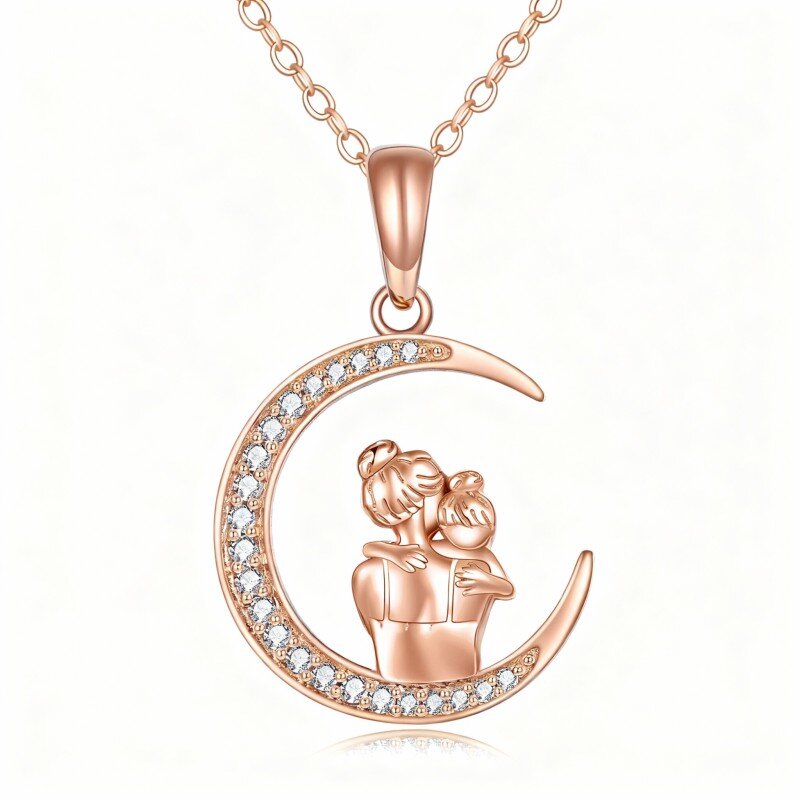 قلادة من الذهب الوردي عيار 10 قيراط مرصعة بالزركونيا المكعبة بتصميم الأم والابنة والقمر-1