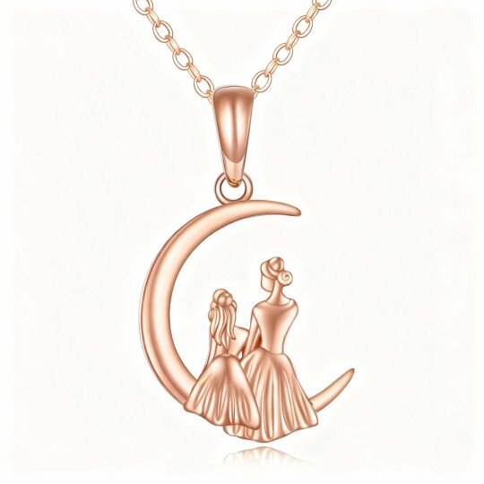 10K Rose Gold Mother & Daughter & Moon Pendant Necklace